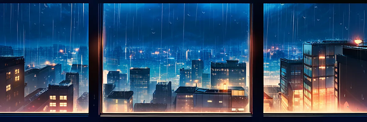 夜、高台に建つ家々の窓明かりが雨越しに滲む都市の情景。豪邸と半地下の対比というテーマを思わせるイメージ。