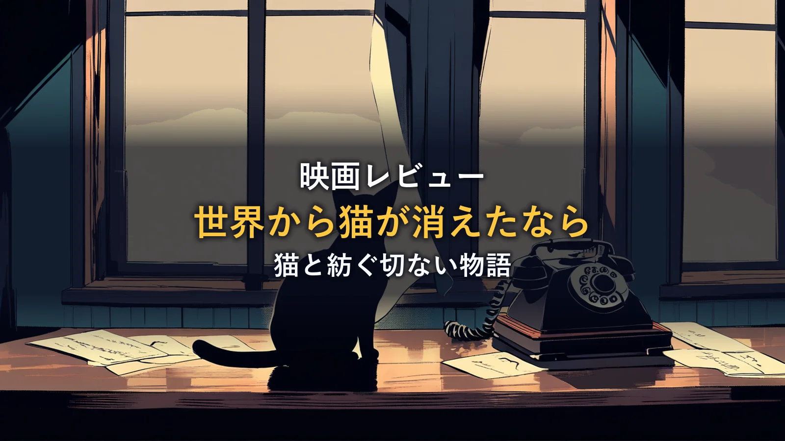 夕暮れの窓辺で佇む黒猫と古い電話・手紙のイメージ