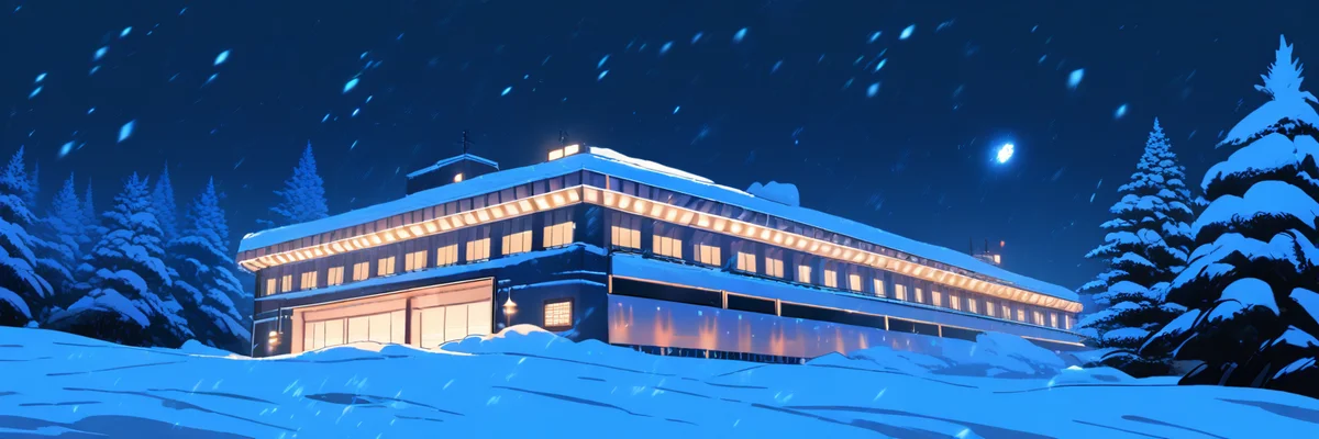 吹雪の夜に灯りがともる孤立したホテル外観のイメージ