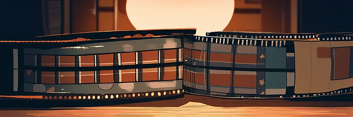 古いフィルムリールと映画のチケット半券のイラスト（作品情報のイメージ）
