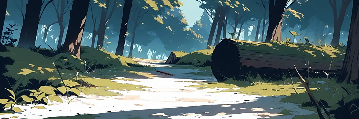 倒木のそばに置かれたノートと鉛筆のイラスト（物語を書く少年をイメージした情景）