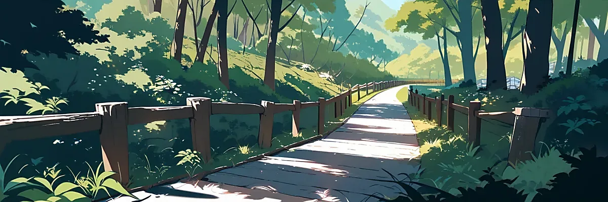 木漏れ日が差す森の小径のイラスト（1987年の映画に登場する少年たちが歩いた道の雰囲気を描いたイメージ）