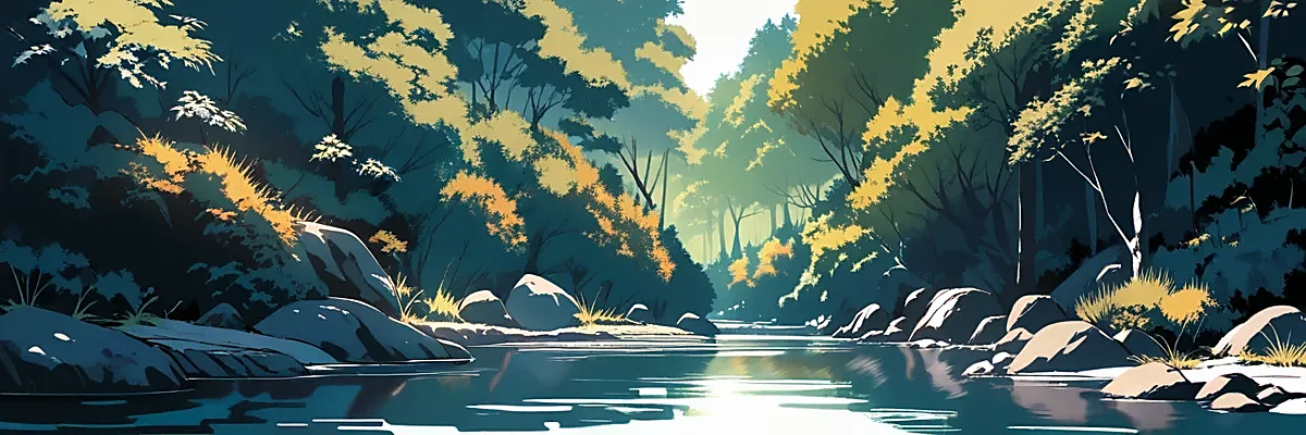木漏れ日が差す小川のイラスト（森を流れる清流の情景）