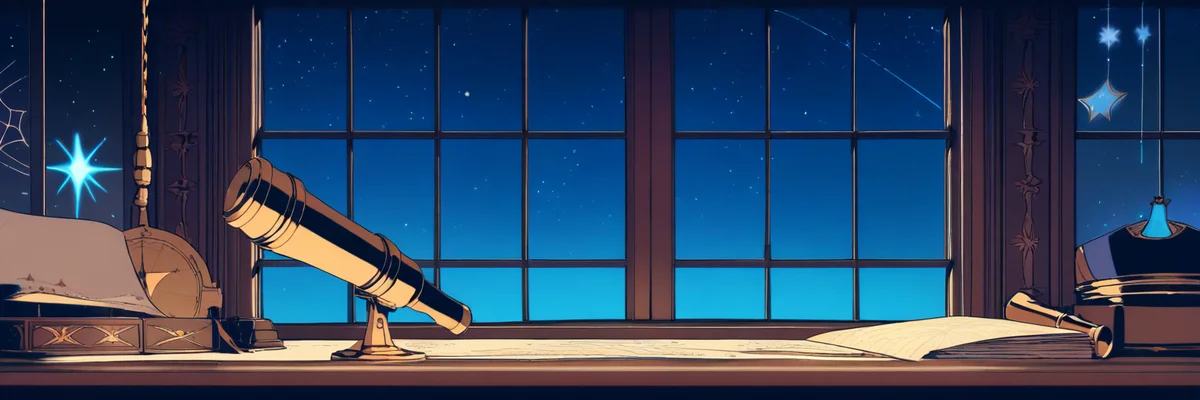 星図と望遠鏡が置かれた夜の窓辺のイラスト(あらすじのイメージ)