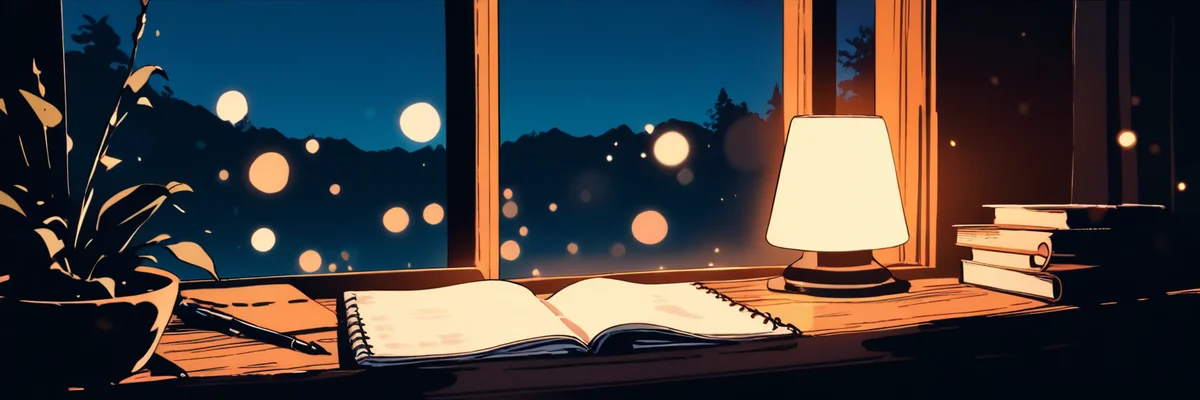 夜の机に置かれたノートとコーヒーカップのイラスト(考察のイメージ)