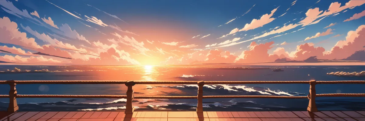 夕焼けに染まる甲板の手すりと海、ロマンティックな雰囲気のイラスト（レオナルド・ディカプリオ演じる役のイメージ）