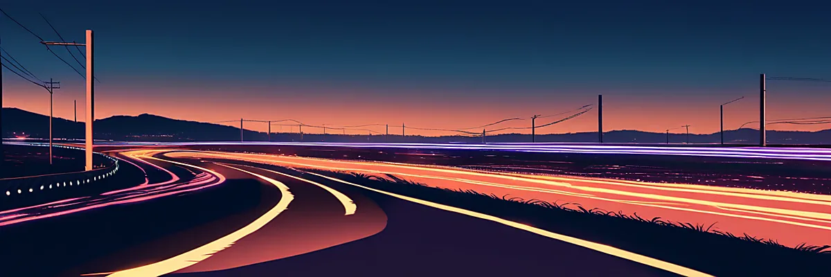 夕暮れの砂漠のハイウェイをヘッドライトの光跡が伸びていく情景。ターミネーター2の世界観をイメージした一枚。