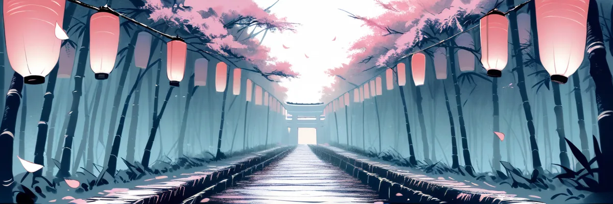 提灯の灯る竹林の参道を描いたイラスト。映画「かぐや姫の物語」の作品情報セクションの画像