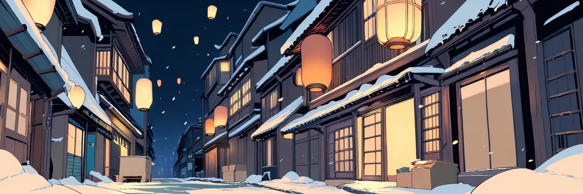 提灯の灯る雪の路地に置かれた段ボール箱を描いたイラスト。映画『東京ゴッドファーザーズ』の作品情報セクションの画像