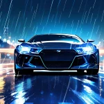 雨の夜、都会の高速道路に停まる黒いスポーツカーのイラスト。映画『トランスポーター』のカーアクションの雰囲気を表現したイメージ。