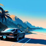 ヤシの木が並ぶ海岸道路を走るクラシックな黒い車のイラスト。映画『トランスポーター2』の南国を舞台にした疾走感のイメージ。