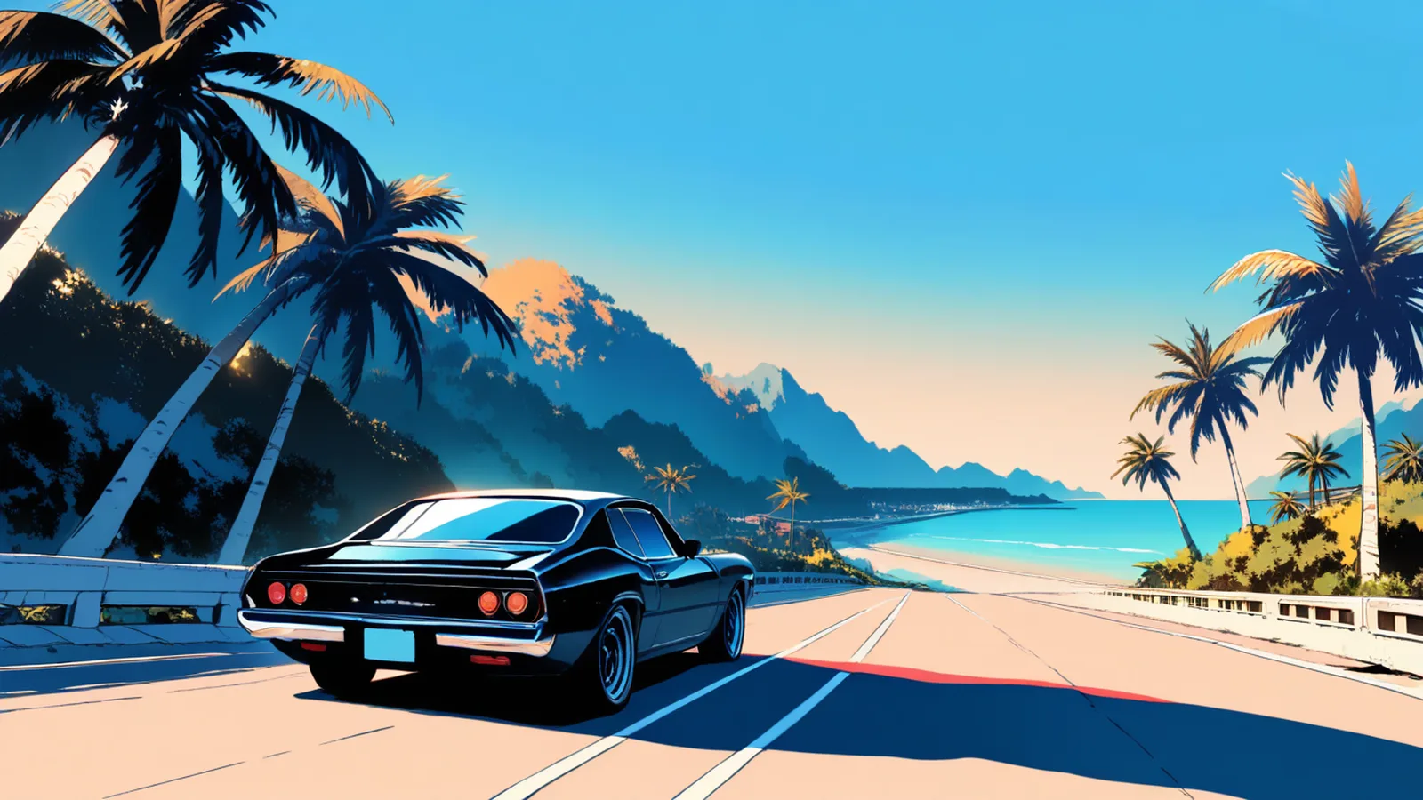 ヤシの木が並ぶ海岸道路を走るクラシックな黒い車のイラスト。映画『トランスポーター2』の南国を舞台にした疾走感のイメージ。