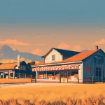 麦畑に囲まれた小さな町の食料品店と風車のイラスト。映画『ギルバート・グレイプ』が描くアイオワの片田舎の雰囲気を表現したイメージ。