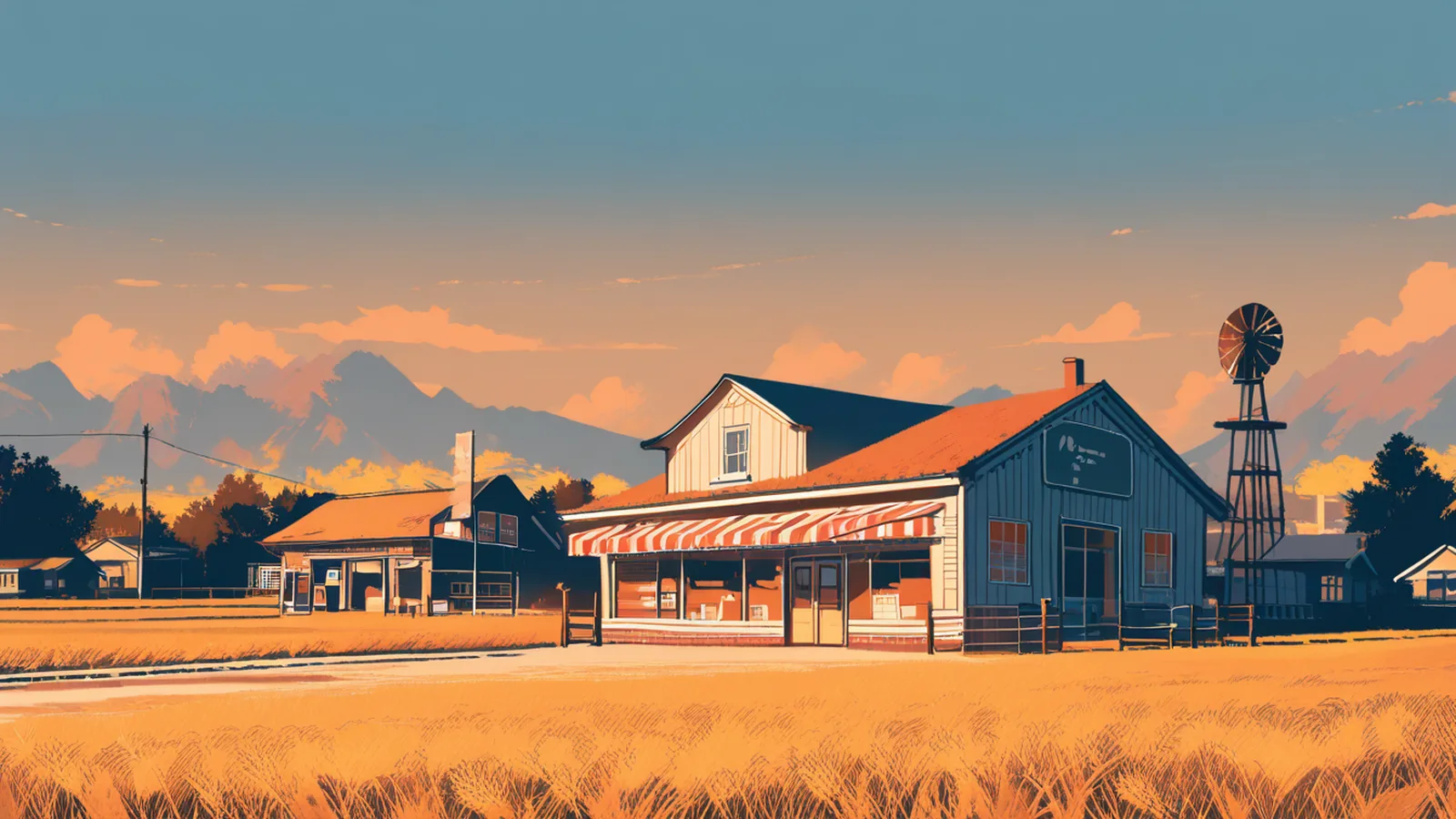 麦畑に囲まれた小さな町の食料品店と風車のイラスト。映画『ギルバート・グレイプ』が描くアイオワの片田舎の雰囲気を表現したイメージ。