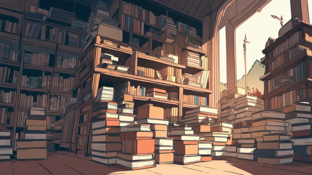 古い本が積み上がる図書室のイラスト。映画『耳をすませば』の物語と本にまつわる雰囲気を表現したイメージ。