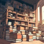古い本が積み上がる図書室のイラスト。映画『耳をすませば』の物語と本にまつわる雰囲気を表現したイメージ。