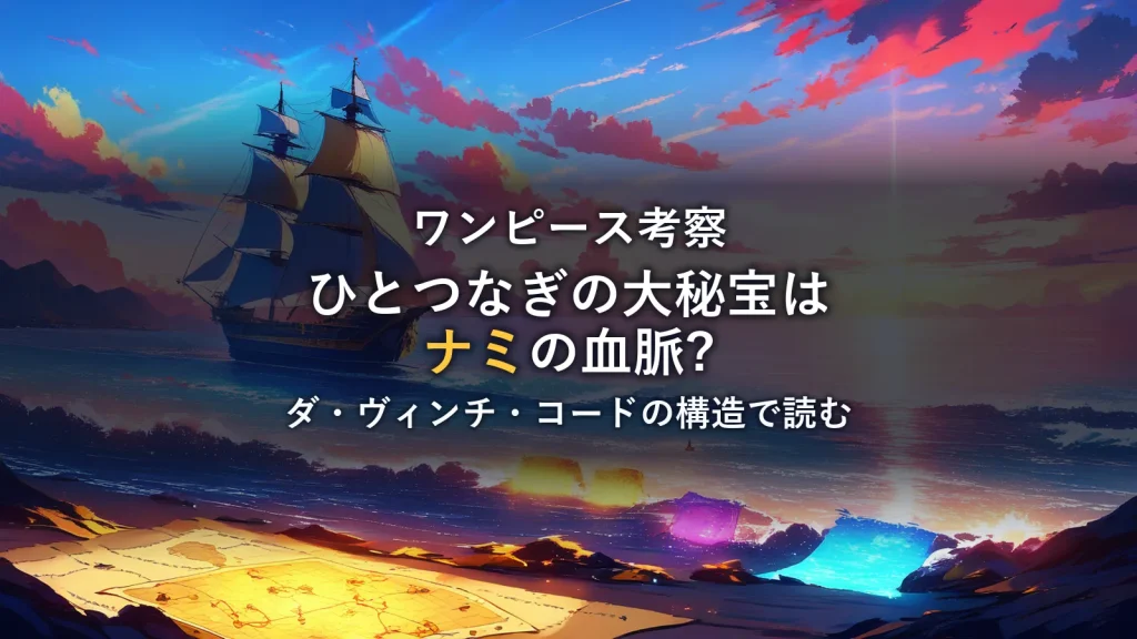 宝の地図と黄金色に輝く帆船が浮かぶ夕焼けの海のイメージイラスト。ひとつなぎの大秘宝を暗示する情景。